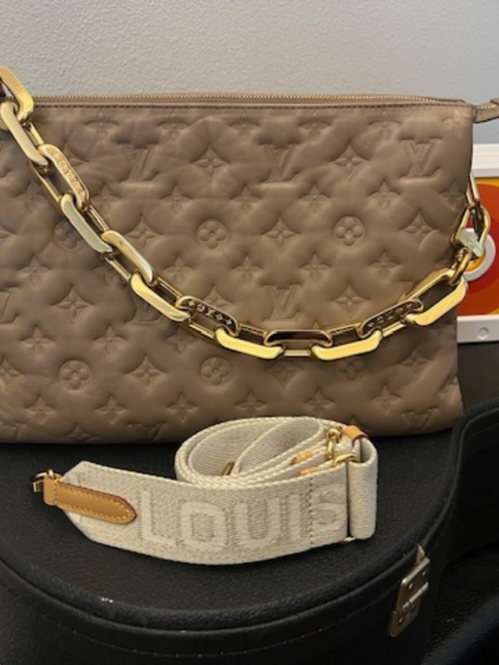 Louis Vuitton Coussin MM Taupe Monogram Lambskin Gold Chain Crossbody Auth